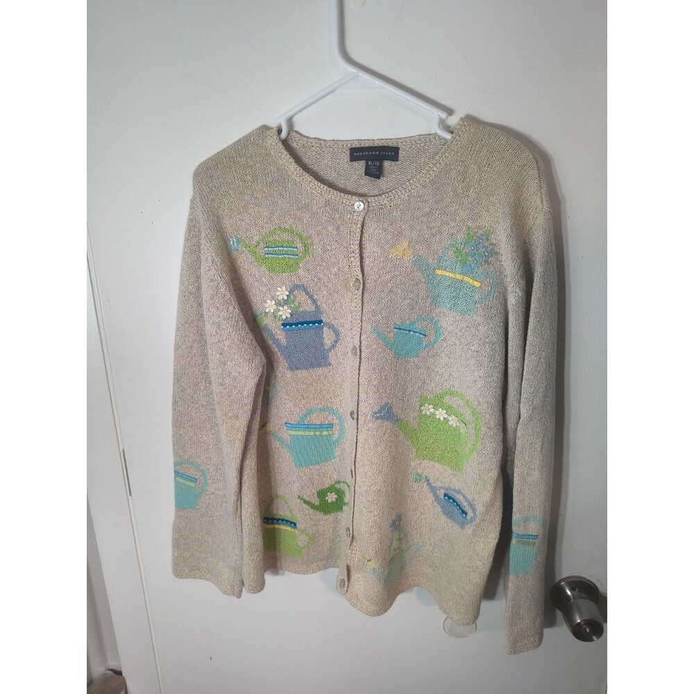 VTG Northern Isles Womens XL Cardigan Sweater Gardening Watering Can Cottagecore